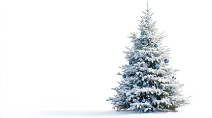 Snowy Christmas Tree with Blue Ornaments and White Background