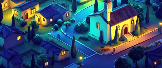 A serene night scene depicting a small town with houses, a church, and illuminated streetlights.