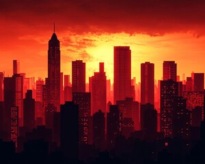 Fototapeta premium Stunning silhouette of a city skyline at sunset, with vibrant orange and red hues illuminating the buildings.