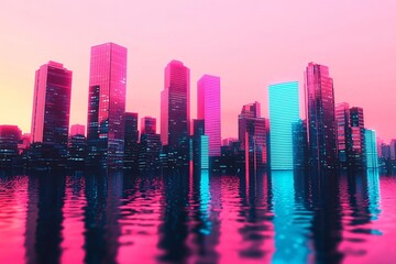 Fototapeta premium Stunning skyline at sunset, vibrant colors reflecting on water, showcasing modern architecture and city life.