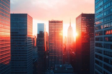 Stunning sunset view over a city skyline featuring iconic skyscrapers and warm orange hues illuminating the buildings.