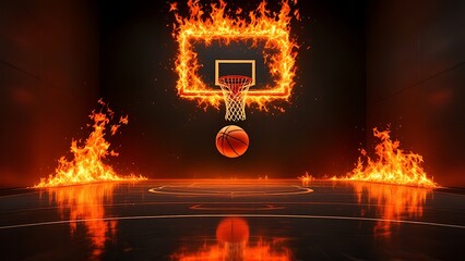 Dynamic basketball hoop with flaming basketball in a fiery court