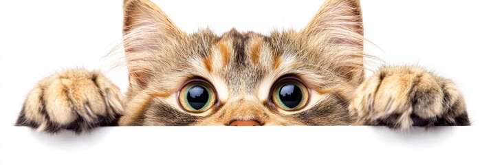 Fototapeta premium A curious cat peeks over a white surface, showcasing its big eyes and fluffy paws.