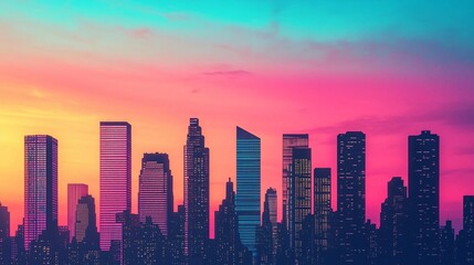 Obraz premium Vibrant skyline silhouette against a colorful sunset, highlighting modern architecture and urban beauty.