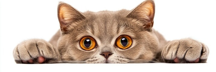Fototapeta premium A cute cat with large eyes peeking over a surface, showcasing curiosity and playfulness.