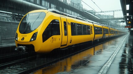 Fototapeta premium Yellow train patiently waits at the station during a heavy rain shower in an urban cityscape