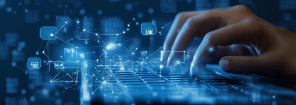 Futuristic Digital Interface with Data Flow and Human Interaction