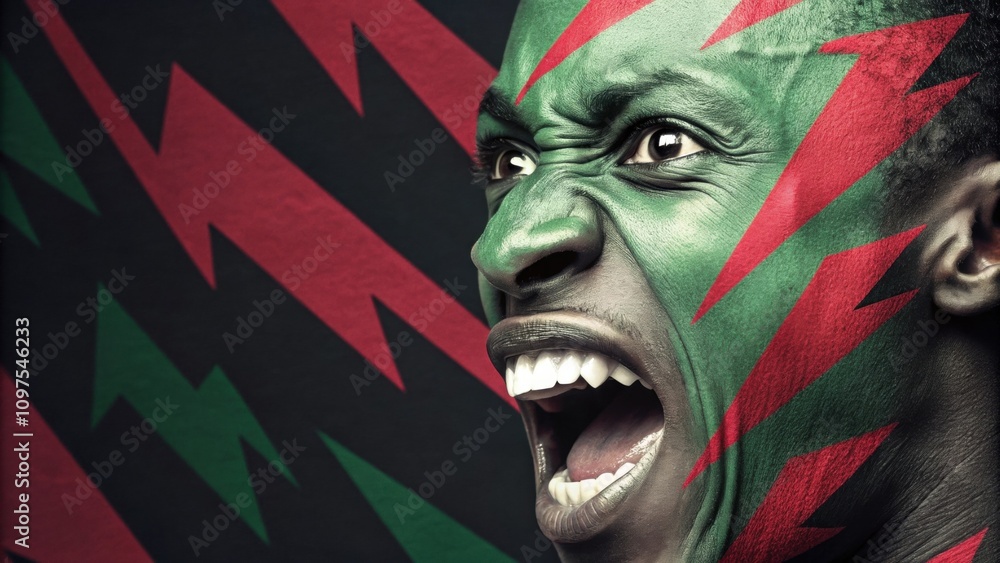 Aufkleber a dynamic closeup of a face with bold zigzag shapes in contrasting colors of electric green and crim