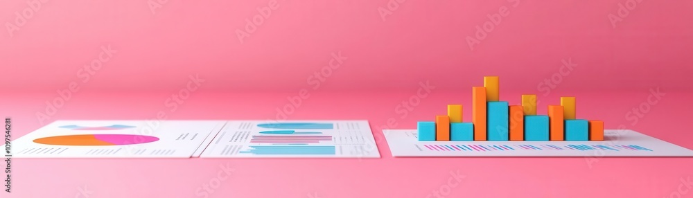 Aufkleber A colorful data visualization with bar and pie charts displayed on paper against a pink background.