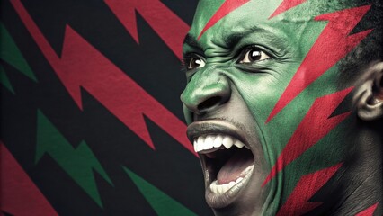 A dynamic closeup of a face with bold zigzag shapes in contrasting colors of electric green and crimson adding a sense of urgency and vibrancy to the subjects expression.