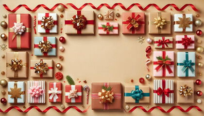 Fototapeta premium Flat lay of wrapped gifts on the top and bottom, ribbons trailing inward, center space empty for text.