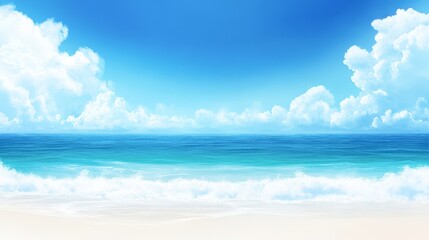 Obraz premium Serene beach scene featuring gentle waves lapping at the shore under a bright blue sky filled with fluffy clouds, ideal for travel brochures, relaxation themes, or nature-focused projects,