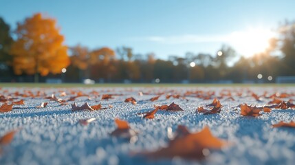 A close-up view of orange autumn leaves scattered on a sports field, bathed in warm sunlight, This image is ideal for seasonal themes, nature articles, or marketing related to outdoor activities,