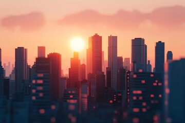 Fototapeta premium A stunning city skyline during sunset, showcasing modern buildings silhouetted against vibrant hues of dusk.