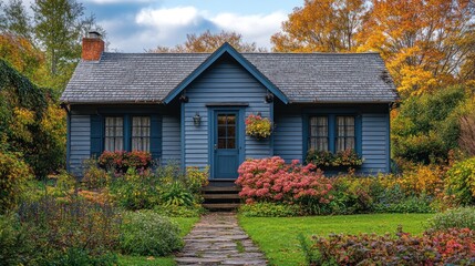 Charming Blue Cottage in Autumnal Landscape