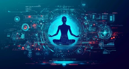 Naklejka premium Futuristic Health Technology Illustration with Meditative Pose and Data Integration
