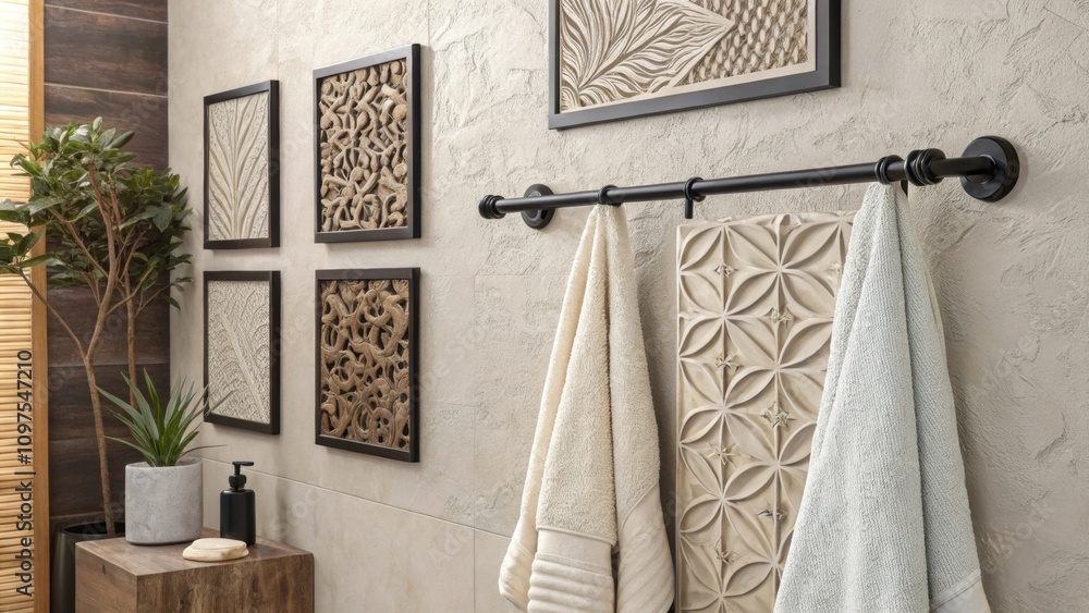 Poster textured wall panels behind the add visual interest while the matte black towel bars and hooks maint