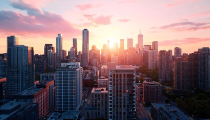 Obraz premium A stunning sunset over a city skyline, highlighting buildings silhouetted against vibrant colors.