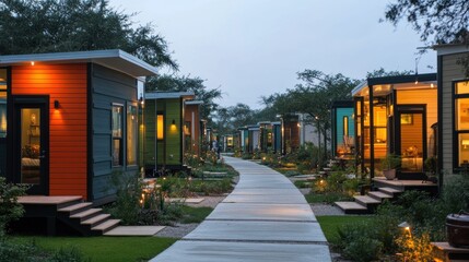 Vibrant Tiny House Village at Dusk