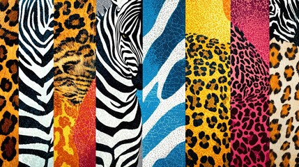 A vibrant pattern of zebra, leopard, and tiger prints on a variety of backgrounds. 