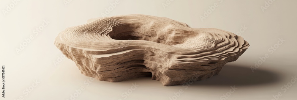 Poster abstract wooden sculpture with layered texture and a central void, emphasizing organic forms.