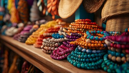 A vibrant display of colorful handmade beads and hats showcasing traditional craftsmanship and artistry.