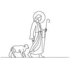 Fototapeta premium Minimal line art vector-style image of Jesus christ walking with a lamb