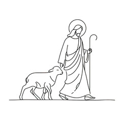 Fototapeta premium Minimal line art vector-style image of Jesus christ walking with a lamb