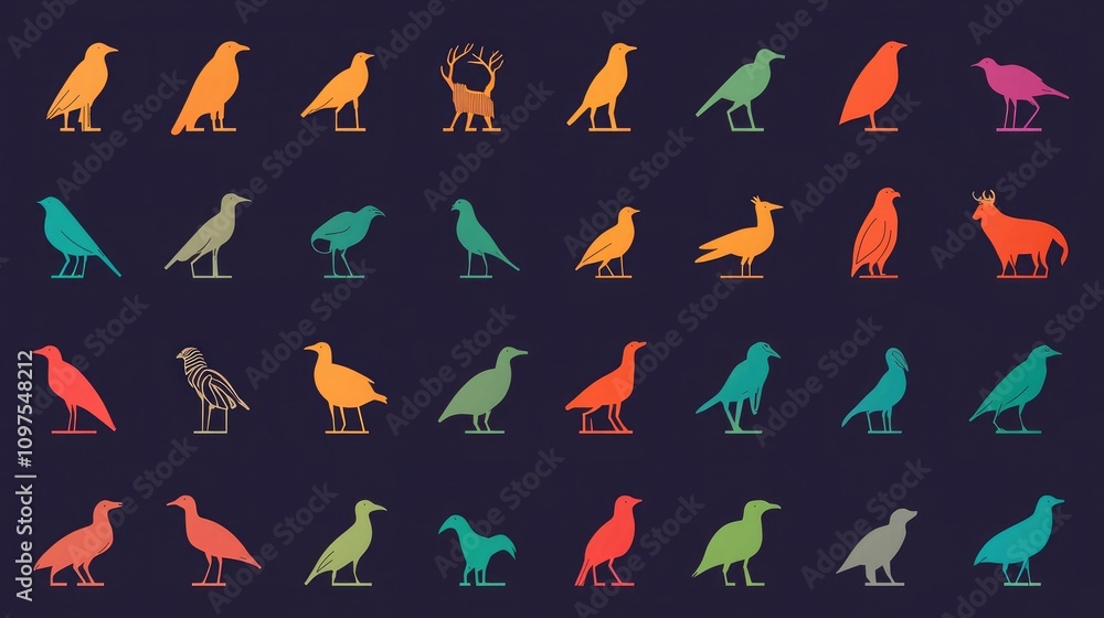 Poster a minimalist set of animal icons representing different species in vibrant colors.