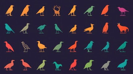 A minimalist set of animal icons representing different species in vibrant colors. 
