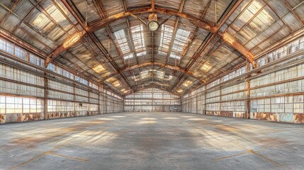 Vast Interior of a Rustic, Abandoned Industrial Warehouse