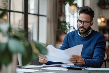 Happy man in blue sweater reading documents at home office desk with laptop, professional businessman analyzing papers, smiling while working