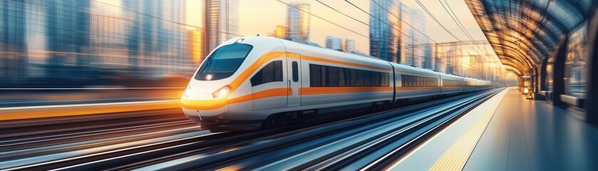 A high-speed train approaches a modern station, illuminated by warm sunlight filtering through the structure, showcasing a blend of technology and architecture.