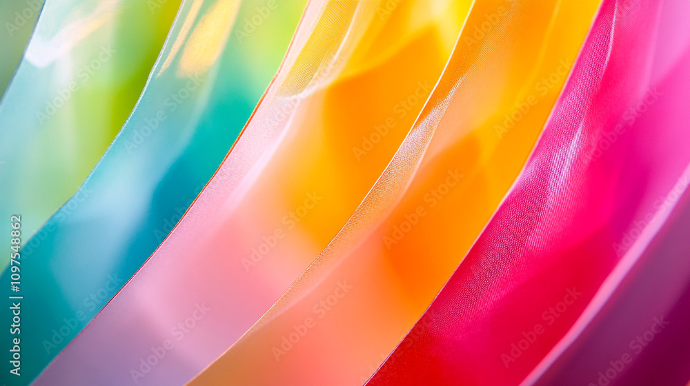 Poster vibrant display of colorful translucent sheets in various hues arranged artistically