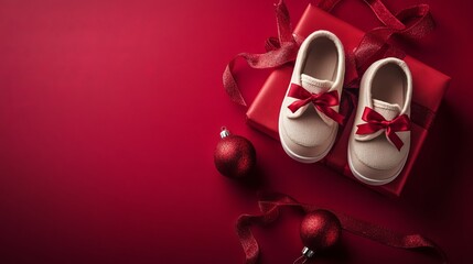 Baby Shoes isolated on red Christmas background with bow ribbon present with copyspace for your text advertising photography