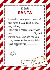 Fototapeta premium A heartwarming Christmas-themed illustration of a child's letter to Santa Claus, filled with wishes, dreams, and festive decorations. Ideal for holiday cards, posters, and educational materials, captu