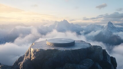 3. A mountain peak at dawn with a stone podium at its summit, surrounded by misty clouds and distant snow-capped peaks, offering a clear space for product showcase
