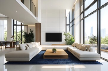 Fototapeta premium 3D Rendering of a Luxury Modern Living Room – Featuring a Plush Sofa, Stylish Wall Frames, Large Windows with Natural Light, and Contemporary Décor in Neutral Tones