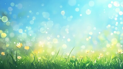 Obraz premium Nature background with sunny spring meadow blur background blue sky to green grass