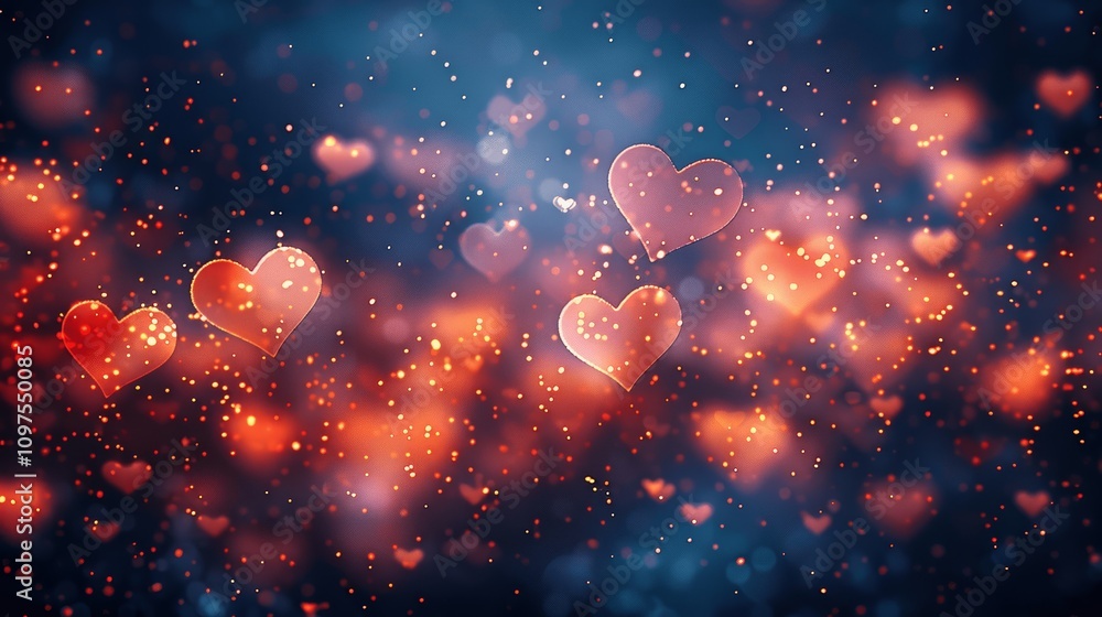Poster abstract dark gradient background with heart shapes and bokeh lights