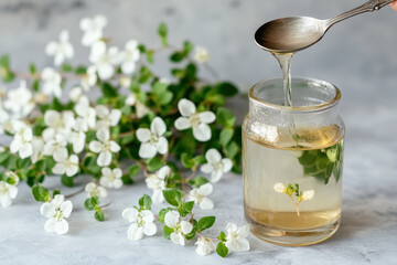 .A small glass bottle filled with Bacopa tonic sits beside a cluster of delicate Bacopa plants with tiny white flowers. A spoonful of the tonic is being poured into the glass