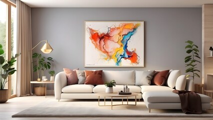 An exquisite 3D model of a canvas frame in a contemporary living room, bedroom, kitchen, or bathroom that was produced using artificial intelligence