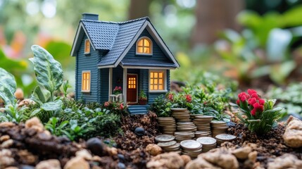 Dream Home Savings: Miniature House Amidst Growing Coins