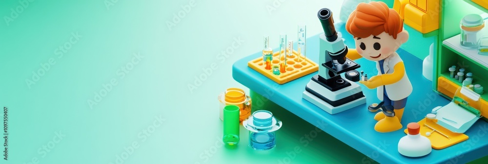 Poster a cartoonish lab scene featuring a child examining samples with a microscope.