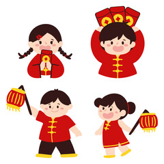 Hand drawn Chinese New Year Boy and Girl  with Lantern illustration set