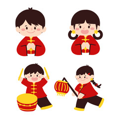 Hand drawn Chinese New Year Boy and Girl  with Lantern illustration set