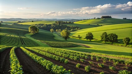 A green landscape featuring crops thriving in enriched soil enhanced by biochar application.