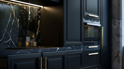 Obraz premium Modern Black Kitchen Interior with Elegant Marble Countertops and Stylish Lighting for Luxury Home Design Inspiration