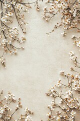 White flowers frame on beige background.  Perfect for invitation, greeting card, wedding, or spring design.