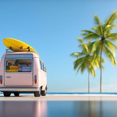 Whimsical Tropical Beach Van with Surfboard and Palm Trees